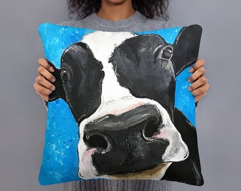 Cow Pillow, Cows, Cow Throw Pillow, 18"x18" Cow Pillow, Black and White Cow, Cow Painting, Cow Print, Cow Art Print, Holstein Cow, Cow Art