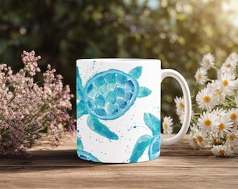 Taza de café con diseño de tortuga marina y océano para mujer. Taza con diseño vibrante del océano. Regalo ideal para cumpleaños. Decoración para la casa de playa. Taza para amantes del arte costero.