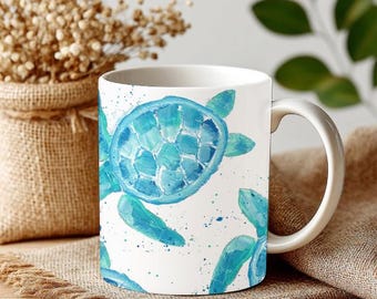 Taza de café para amantes de las tortugas marinas, regalo de arte oceánico, taza de casa de playa, regalo para mamá, tortuga marina azul, decoración costera, idea de regalo para su diseño de cocina