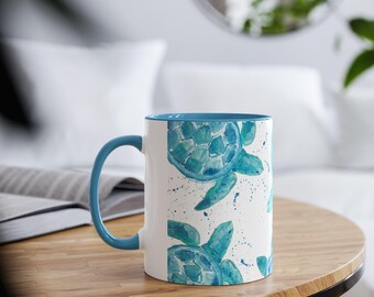 Taza de café para amantes de las tortugas marinas, regalo de arte oceánico, taza de casa de playa, regalo para mamá, tortuga marina azul, decoración de cocina costera, regalo para ella