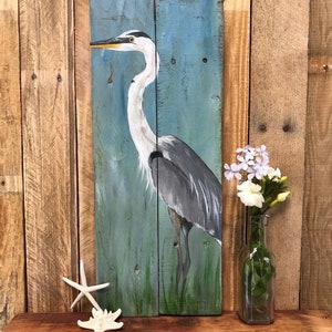 Heron Painting, Great Blue Heron, Heron Art, Florida Birds, Blue Heron Painting on Wood, Water Birds, Rustic Coastal Art, Made to Order