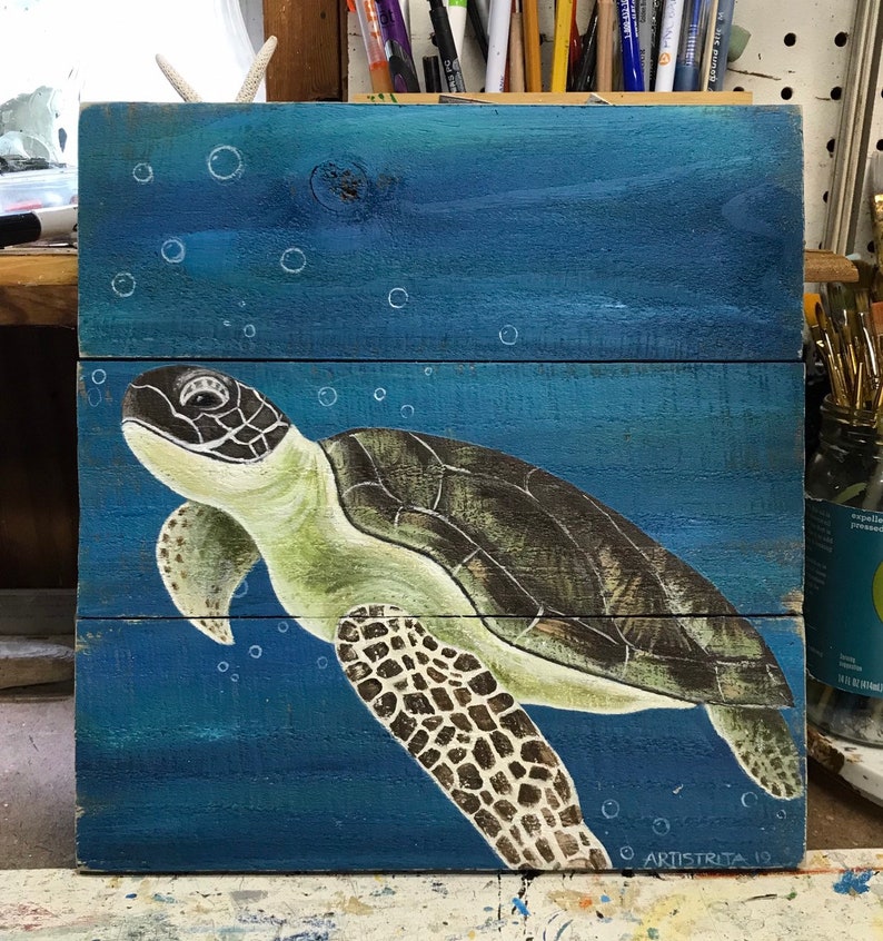Pintura de tortugas marinas en madera arte de tortugas | Etsy
