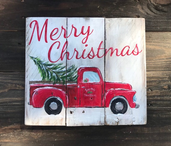 Merry Christmas Truck Painting Old Red Truck Christmas tree | Etsy