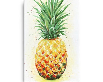 May include: A watercolor painting of a pineapple with green leaves and a yellow and orange fruit. The background is a light yellow with white splatters.