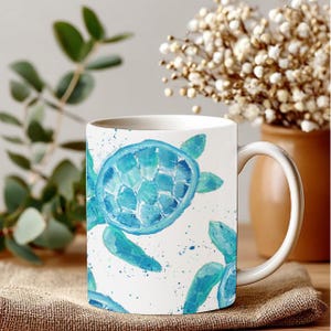 Regalo artistico con tartaruga marina per la mamma, tazza da caffè per amanti delle tartarughe marine, arte oceanica, casa al mare, tartaruga marina blu, decorazione costiera, idea regalo