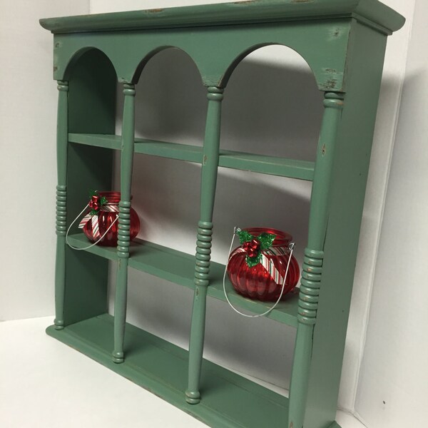 Curio Shelf, Vintage Teacup Shelf, Wood Shelf, Distressed Display Shelf, Plate Holder, Curio Cabinet, Green Curio Shelf, Cottage Decor