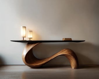 Tavolo consolle scultoreo in legno massello, mobile da ingresso scandinavo moderno, base curva artistica