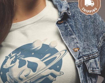 Vintage Space Cow Moon, Retro Shirt, Alien Shirt, Weird, Farm Animal Tee, Meme, 90s Graphic, 2000s, Old School, Galaxy Shirt