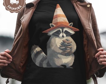Unisex Raccoon Wearing Traffic Cone T-Shirt Holding Rocks | Cute Animal Tee