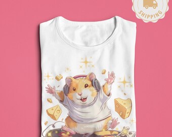 Unisex DJ Hamster Playing Turntables T-Shirt | Cute Music, Cheese Illustration