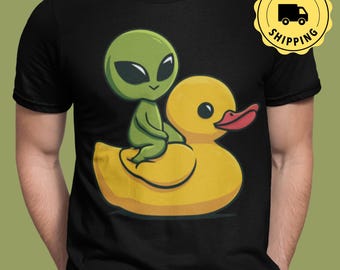 Unisex Alien Riding Rubber Duck T-Shirt | Cute Space Cartoon Tee