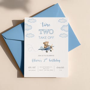 Airplane Birthday Invitation, Time Two Take Off Boy 2nd Birthday Invite, Teddy Bear Pilot