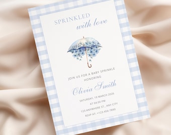 Baby Sprinkle Invitation, Sprinkled With Love Invite, Blue Umbrella Baby Shower, Editable Canva Template, s31l
