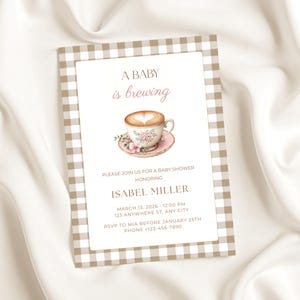 Baby Is Brewing Baby Shower Invitation, Pink Coffee Latte Invite for Girl, Editable Templates