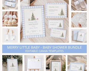 May include: A baby shower stationery bundle featuring a light blue gingham border and watercolor Christmas tree illustrations. The set includes invitations, thank you cards, diaper raffle tickets, book request cards, signage, and game templates.