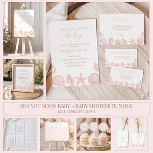 Op de afbeelding: Een baby shower stationery set met een schelpenontwerp. De uitnodiging, bedankkaarten en andere items tonen roze schelpen en zeesterren. De uitnodiging luidt "Sea You Soon Baby" en bevat evenementdetails.