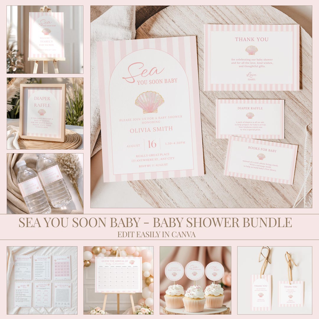 Sea You Soon Baby Shower Bundle, Pink Seashell Invite, Coastal Party ...