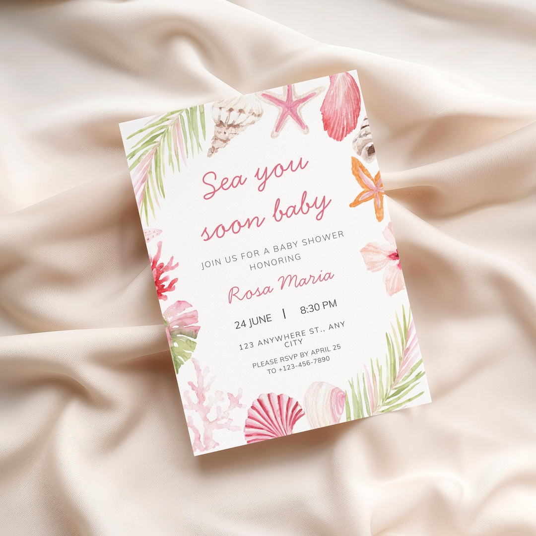 Sea You Soon Baby Shower Invite, Pink Seashell Invitation for Girl ...