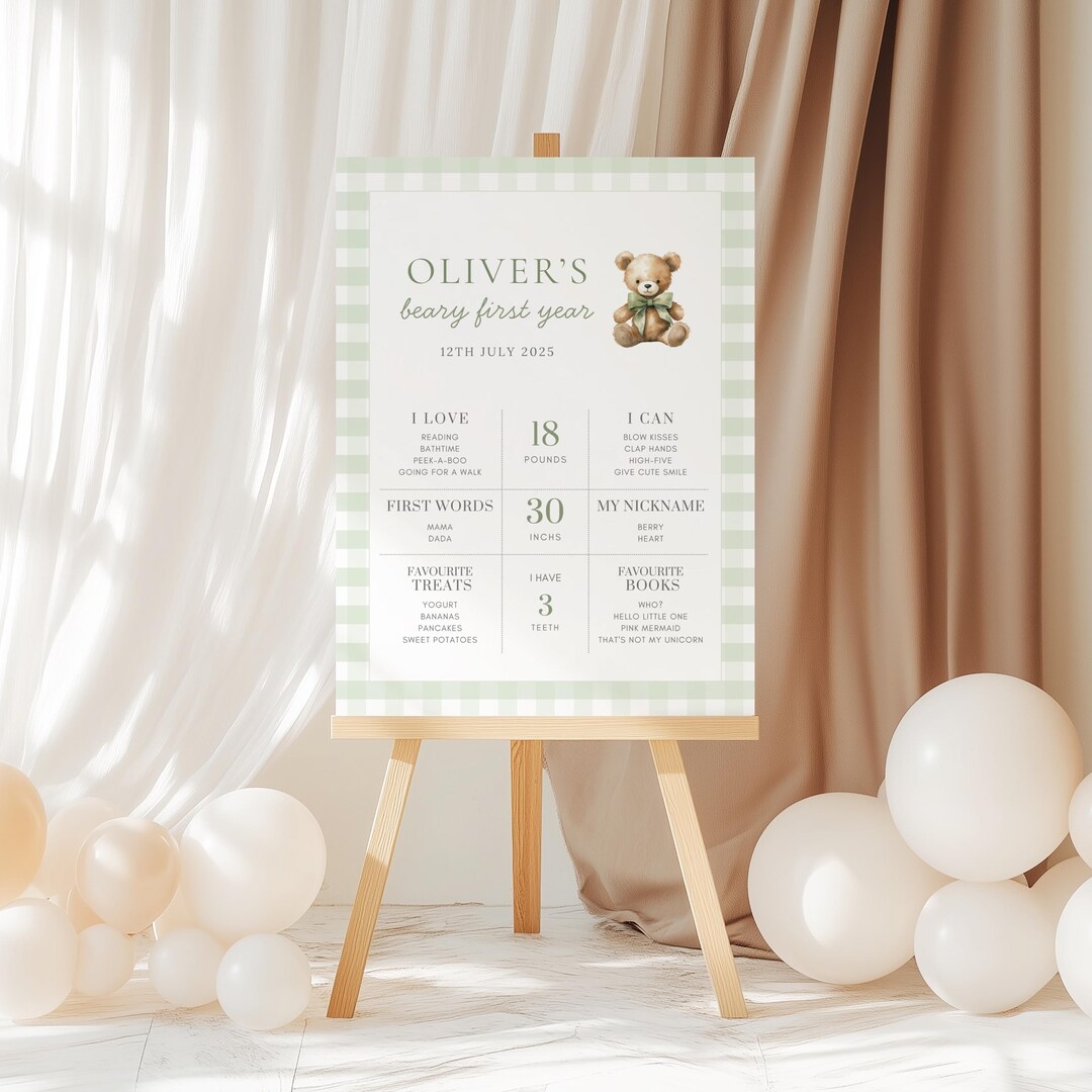 Beary First Birthday Milestone Board, Editable Teddy Bear Milestone ...