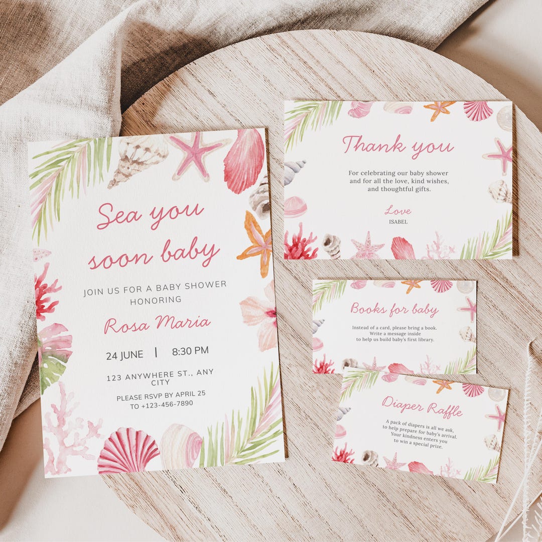 Sea You Soon Baby Shower Invitation Set, Pink Seashell Invite, Editable ...