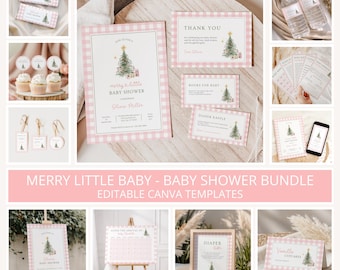 May include: A baby shower stationery bundle featuring a pink and white gingham border and watercolor Christmas tree illustrations. The set includes invitations, thank you cards, diaper raffle tickets, book request cards, signage, and labels.