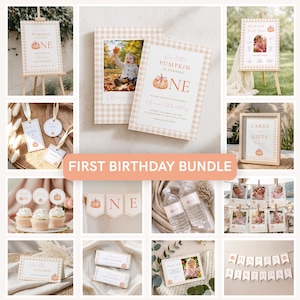 May include: A first birthday party decoration bundle featuring a beige gingham pattern and pumpkin illustrations. Includes invitations, signage, cupcake toppers, water bottle labels, photo banners, and bunting with the text One and Happy Birthday.