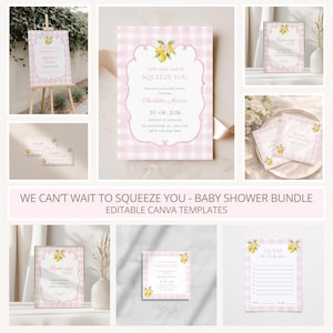 Può includere: Un set di cancelleria per baby shower con motivo a quadretti rosa chiaro e bianco e illustrazioni di limoni ad acquerello. I modelli includono inviti, insegne e schede di gioco con il testo We can't wait to SQUEEZE YOU.
