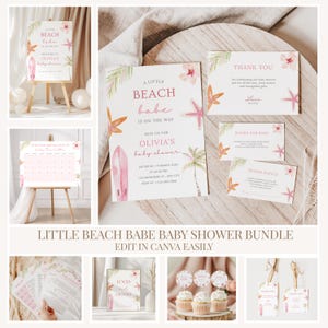 Op de afbeelding: Een baby shower bundel met een strandthema. De uitnodiging heeft een surfboard, palmboom en zeesterren. De bundel bevat een welkomstbord, kalender, bedankkaarten en cupcake toppers. De tekst luidt "Little Beach Babe" en "Edit in Canva Easily."