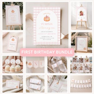 May include: A first birthday party decoration bundle featuring a pink and white gingham pattern and pumpkin illustrations. Includes an invitation, welcome sign, photo banner, cupcake toppers, water bottle labels, candy wrappers, and bunting banners.