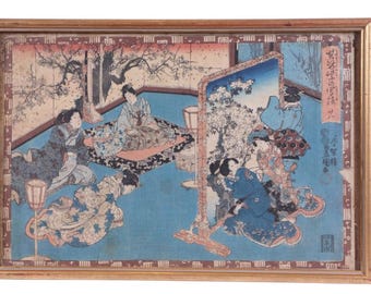 Antique Japanese Woodblock Print – Utagawa Kunisada – Tale of Genji Scene – Framed Ukiyo e Wall Art, 19th Century