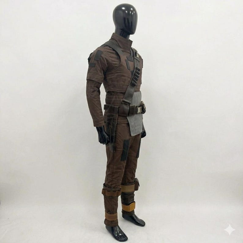 May include: A brown tactical costume set worn on a black mannequin, featuring a high-neck jacket, matching trousers, a dark brown shoulder strap with ammunition loops, a grey hip panel, black gloves, and brown leg wraps with dark accents.