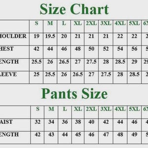 May include: A size chart for clothing featuring two tables with dark green text on a light grey background. The top table lists measurements for shoulder, chest, length, and sleeve for sizes S through 6XL. The bottom table lists waist and length.