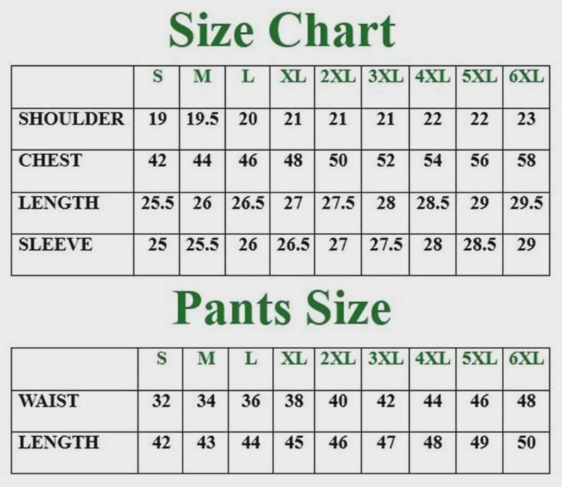 May include: A size chart for clothing featuring two tables with dark green text on a light grey background. The top table lists measurements for shoulder, chest, length, and sleeve for sizes S through 6XL. The bottom table lists waist and length.