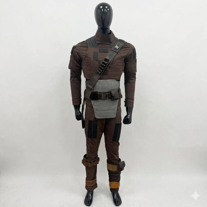 May include: A brown long-sleeved jumpsuit costume featuring a grey abdominal plate, a dark brown utility belt with a shoulder strap, and black rectangular patches on the shoulders and thighs. The outfit includes brown leg wraps with buckles.