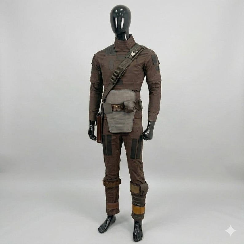 May include: A brown tactical costume set on a black mannequin, featuring a long-sleeved shirt, matching trousers, a diagonal shoulder strap with pouches, and a light grey front utility panel with a central buckle and integrated storage pockets.
