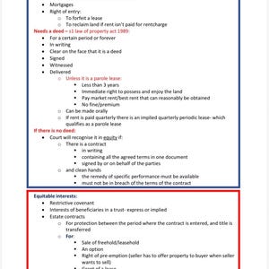 May include: A white paper with black text detailing legal concepts, including easements, mortgages, and equitable interests. The text is organized in bullet points and includes sub-points. The document is likely related to property law.