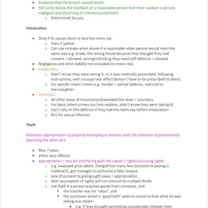 May include: A white page with black bullet points and text detailing legal concepts such as "Breached", "Intoxication", and "Theft". The text is organized with bullet points and sub-points.