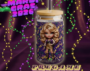 Vaso de cristal Chibi de Mardi Gras - Bonito vaso para antes del juego de Carnaval 2026