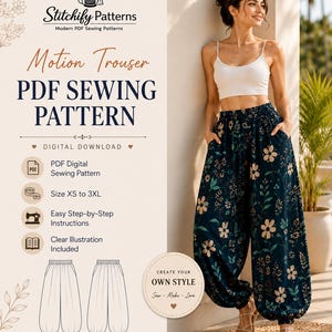 Motion Trouser Sewing Pattern PDF | Women Harem Pants Pattern | Balloon Pants PDF | Boho Trousers Pattern | Digital Download XS-3XL
