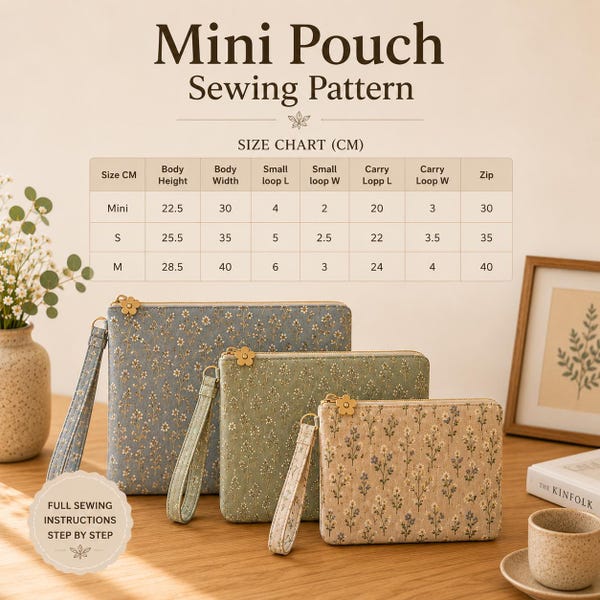 Mini Pouch Sewing Pattern PDF | Wristlet Cosmetic Bag Pattern | Zipper Pouch Sewing Tutorial | Mini, Small & Medium Sizes | Instant Download