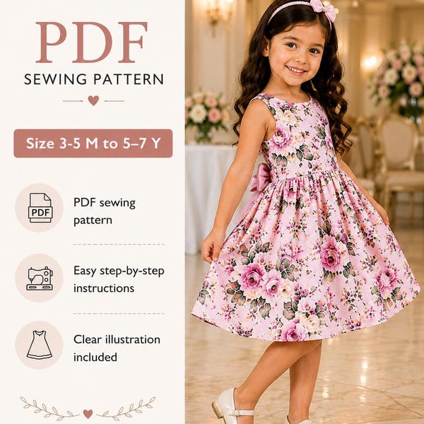 Easy Girls Dress Sewing Pattern | Floral Toddler Dress PDF | Baby Party Dress Tutorial | Sleeveless Girls Dress Sewing | Party Breeze Top