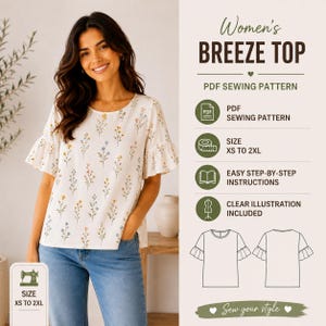 Women’s Breeze Top Sewing Pattern PDF | Easy Summer Blouse Pattern | Loose Fit Ruffle Sleeve Shirt | Instant Download XS-2XL