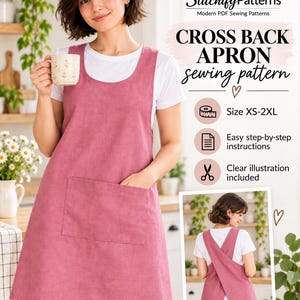 Peut inclure: Un patron de couture pour tablier à dos croisé rose poudré de Stitchify Patterns. Le tablier présente une encolure ronde, de larges bretelles et une grande poche avant. Le modèle inclut les tailles XS-2XL, des instructions et des illustrations.