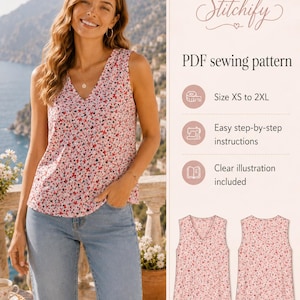 May include: A sleeveless V-neck top with a pink, red, and black floral pattern. The digital product includes a PDF sewing pattern, size XS to 2XL, step-by-step instructions, and clear illustrations showing the front and back views of the garment.