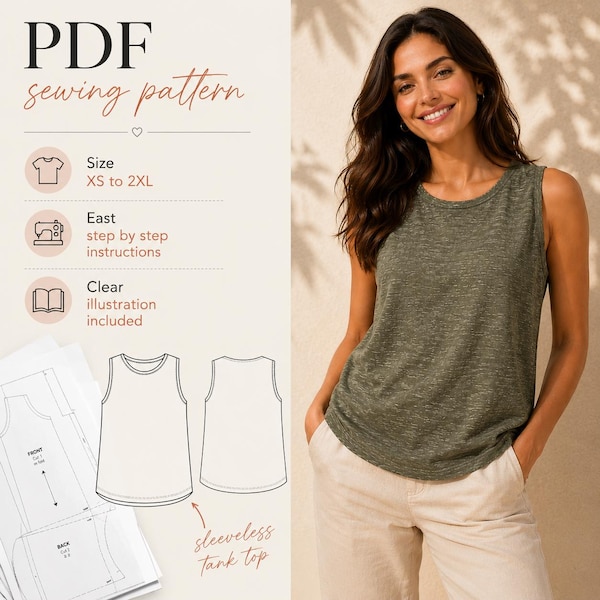 Sleeveless Tank Top Sewing Pattern PDF | Women’s Relaxed Fit Summer Blouse Pattern | XS–2XL Instant Download | Easy DIY Beginner Sewing