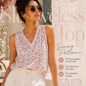May include: A sleeveless top sewing pattern by Stitchify featuring a V-neckline and a white fabric with a small red, blue, and black abstract floral print. The pattern includes sizes XS to 2XL, step-by-step instructions, and clear illustrations.