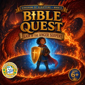 May include: A book cover titled Kingdom of Scripture Book 4 Bible Quest Lair of the Anger Serpent. It features a child in blue armor holding a gold shield with a cross and a book, surrounded by flames and a serpent, with an Ages 6+ badge.