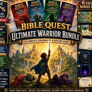 May include: Bible Quest Ultimate Warrior Bundle featuring four books: Fear Dragon Chronicles, Doubt Giant Stronghold, Shadow of Failure Marsh, and Lair of the Anger Serpent. Includes a map poster, 48 verse cards, score sheet, guide, and certificate.