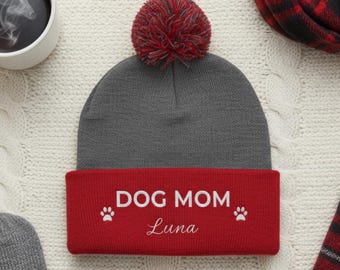 Personalized embroidered Dog Mom Beanie with Paw Prints | Custom Dog Name Winter Hat
