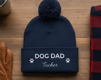 Personalized Embroidered Dog Dad Beanie with Paw Prints | Custom Winter Hat